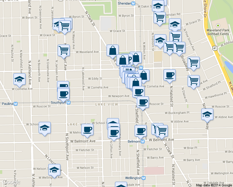 map of restaurants, bars, coffee shops, grocery stores, and more near 1104 W Newport Ave in Chicago
