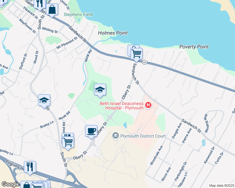 map of restaurants, bars, coffee shops, grocery stores, and more near 19 Obery Street in Plymouth
