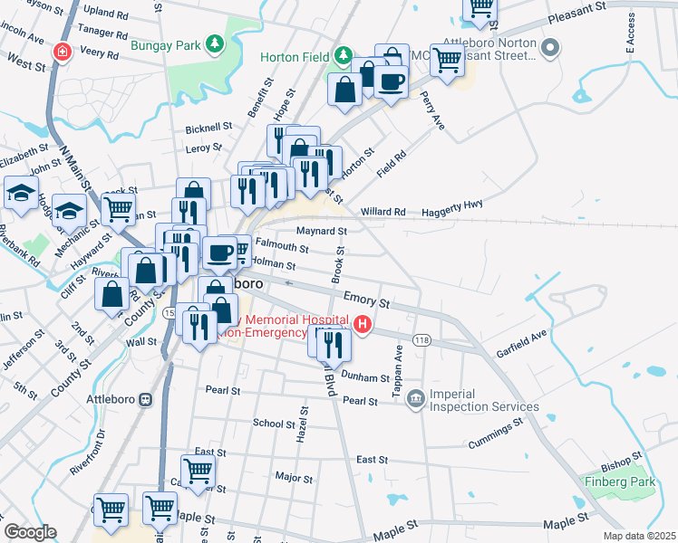 map of restaurants, bars, coffee shops, grocery stores, and more near 43 Holman Street in Attleboro
