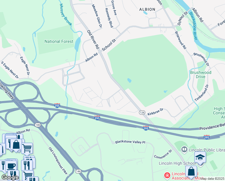 map of restaurants, bars, coffee shops, grocery stores, and more near 192 Old River Road in Lincoln