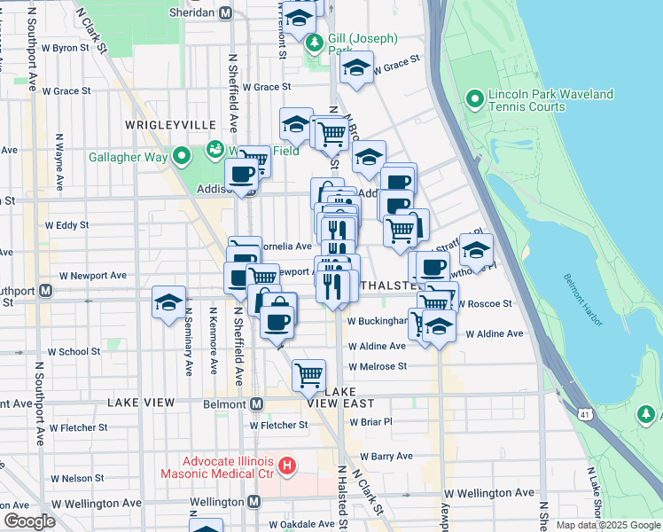map of restaurants, bars, coffee shops, grocery stores, and more near 801 West Newport Avenue in Chicago
