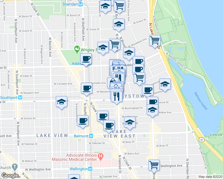 map of restaurants, bars, coffee shops, grocery stores, and more near 839 West Newport Avenue in Chicago