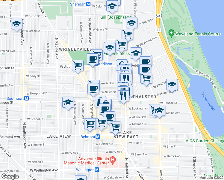 map of restaurants, bars, coffee shops, grocery stores, and more near 839 West Newport Avenue in Chicago