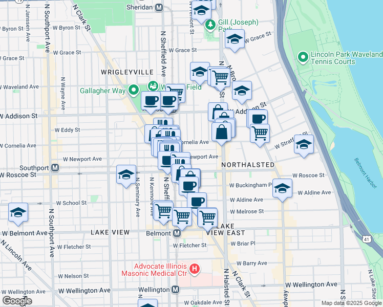 map of restaurants, bars, coffee shops, grocery stores, and more near 914 West Newport Avenue in Chicago
