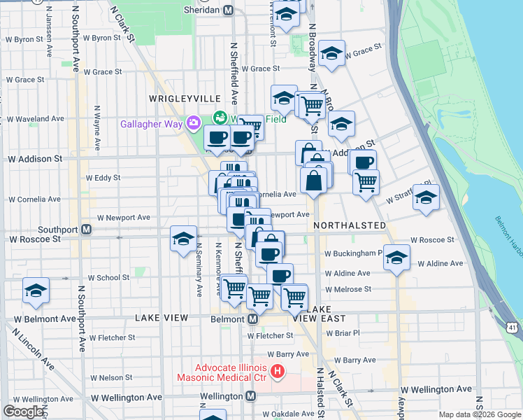 map of restaurants, bars, coffee shops, grocery stores, and more near 914 West Newport Avenue in Chicago