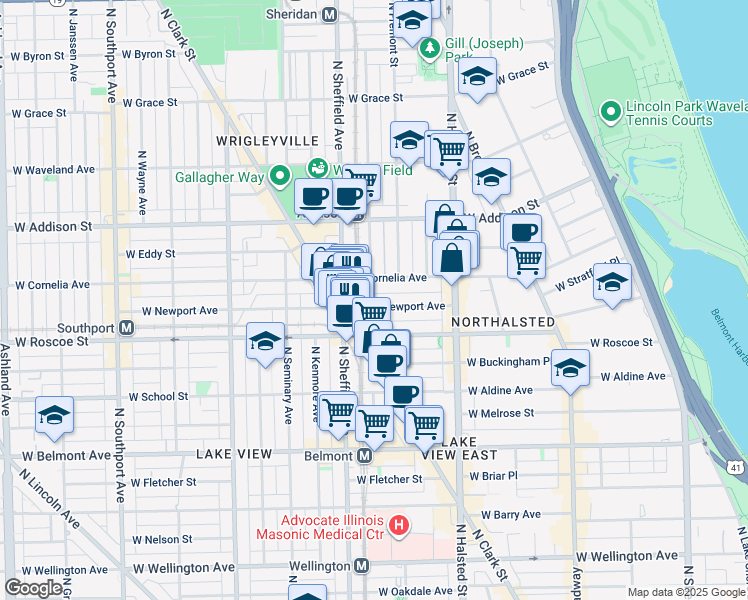 map of restaurants, bars, coffee shops, grocery stores, and more near 914 West Newport Avenue in Chicago