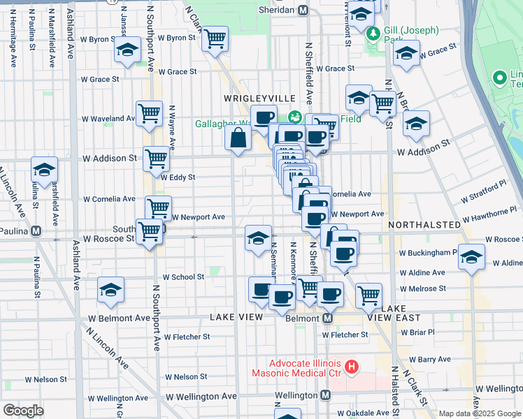 map of restaurants, bars, coffee shops, grocery stores, and more near 1108 West Newport Avenue in Chicago