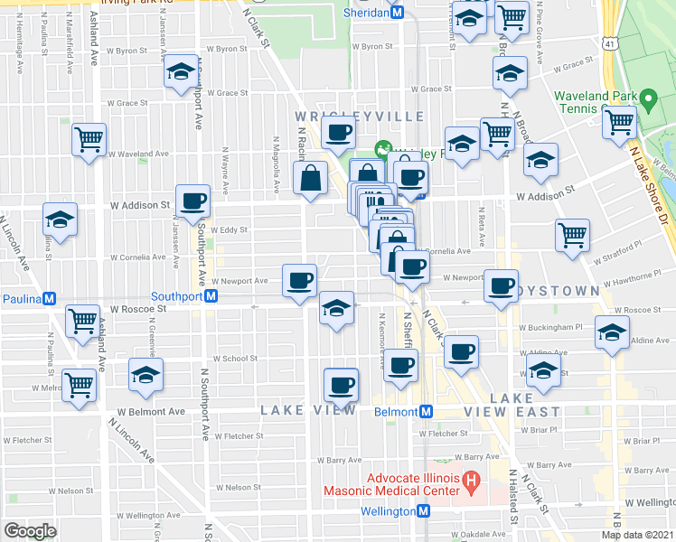 map of restaurants, bars, coffee shops, grocery stores, and more near 1108 West Newport Avenue in Chicago
