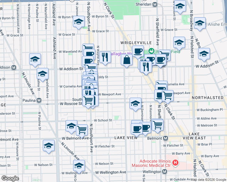 map of restaurants, bars, coffee shops, grocery stores, and more near 1220 West Newport Avenue in Chicago