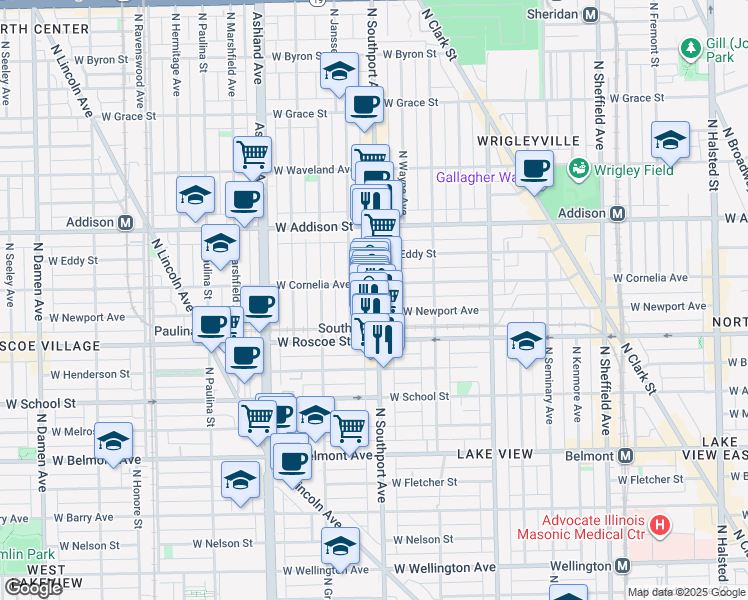 map of restaurants, bars, coffee shops, grocery stores, and more near 3434 North Southport Avenue in Chicago