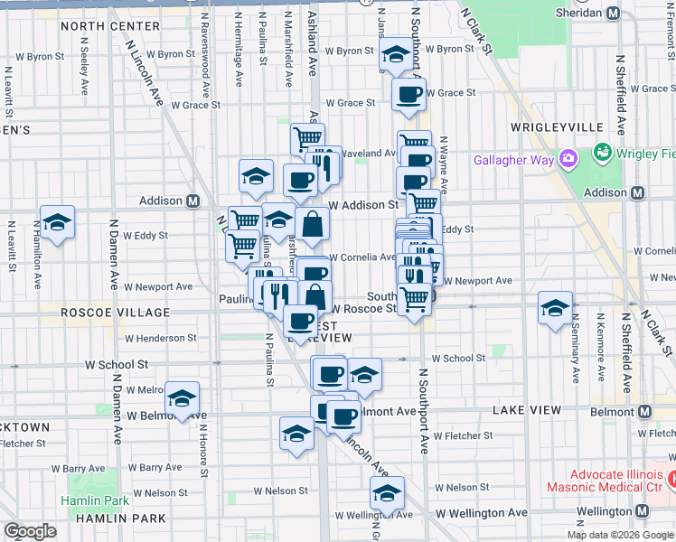 map of restaurants, bars, coffee shops, grocery stores, and more near 3438 North Bosworth Avenue in Chicago