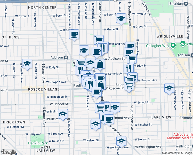 map of restaurants, bars, coffee shops, grocery stores, and more near 3438 North Ashland Avenue in Chicago