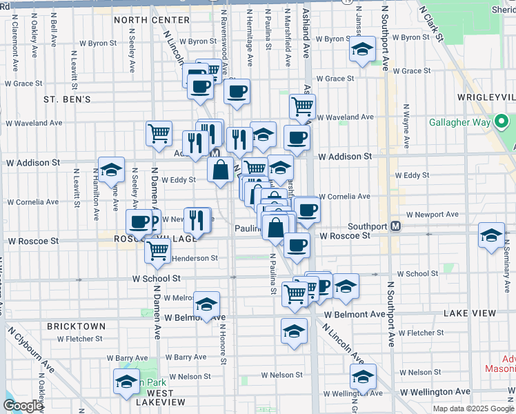 map of restaurants, bars, coffee shops, grocery stores, and more near 3441 North Lincoln Avenue in Chicago