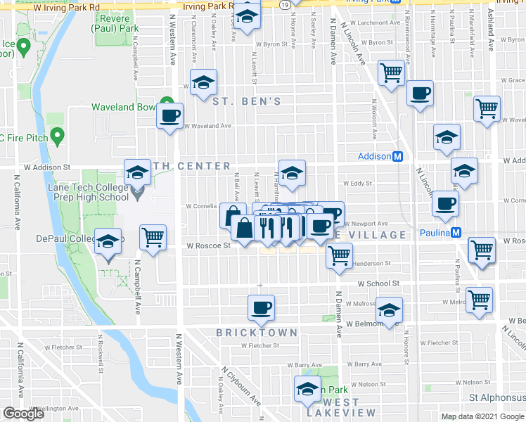map of restaurants, bars, coffee shops, grocery stores, and more near 3444 North Hamilton Avenue in Chicago