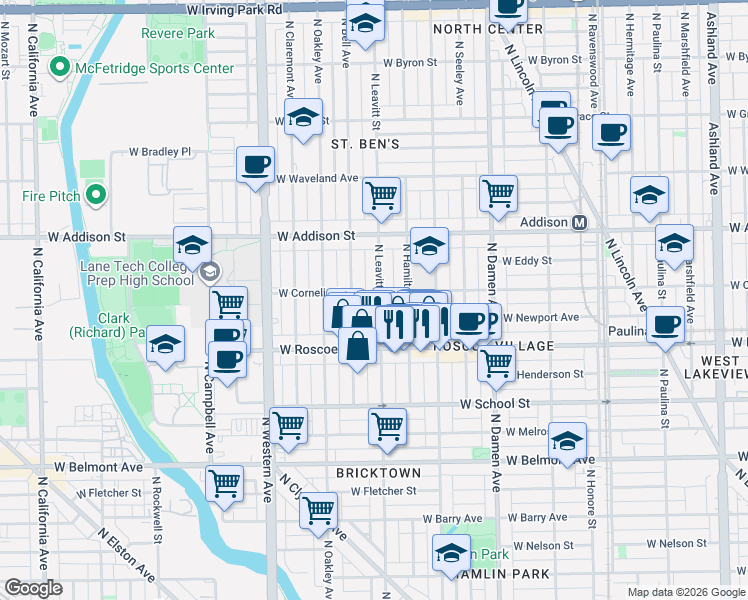 map of restaurants, bars, coffee shops, grocery stores, and more near 3443 North Bell Avenue in Chicago