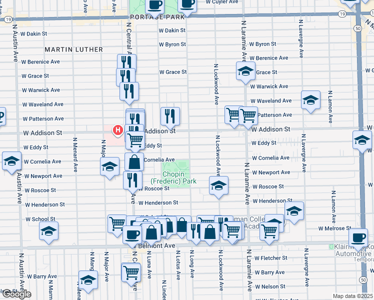 map of restaurants, bars, coffee shops, grocery stores, and more near 3510 North Long Avenue in Chicago