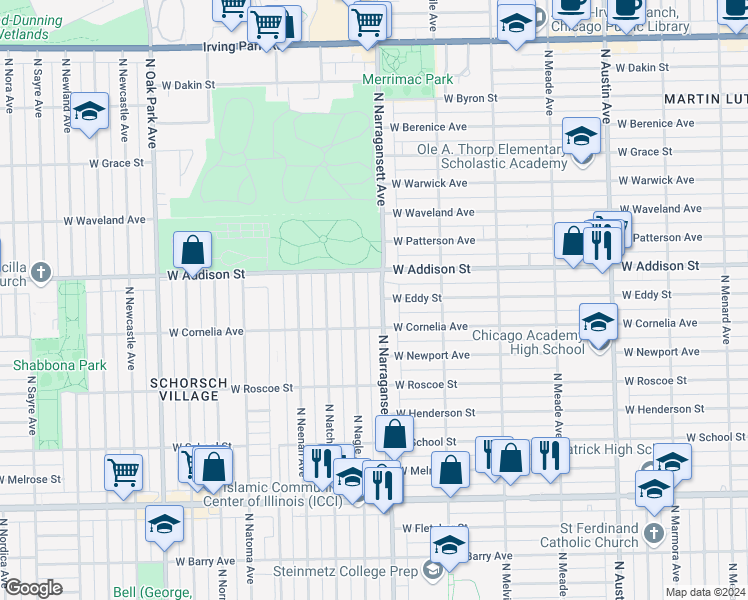map of restaurants, bars, coffee shops, grocery stores, and more near 3523 North Narragansett Avenue in Chicago
