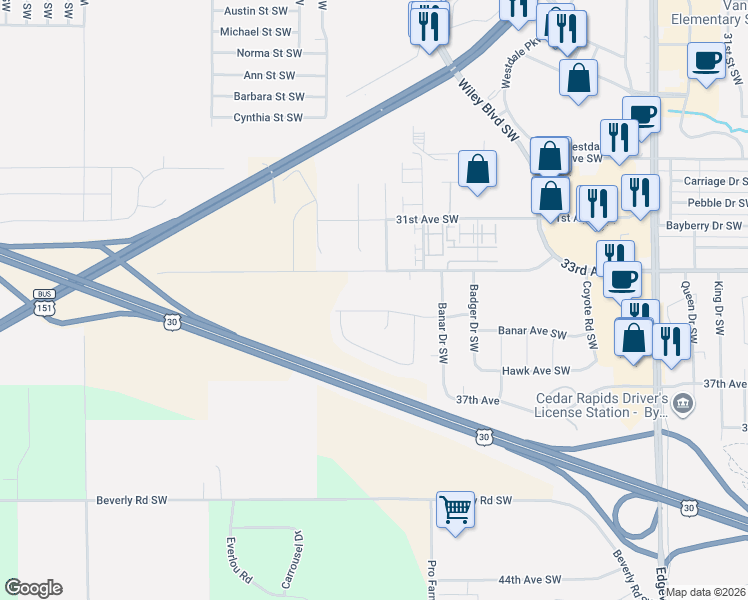 map of restaurants, bars, coffee shops, grocery stores, and more near 4301 33rd Avenue Southwest in Cedar Rapids