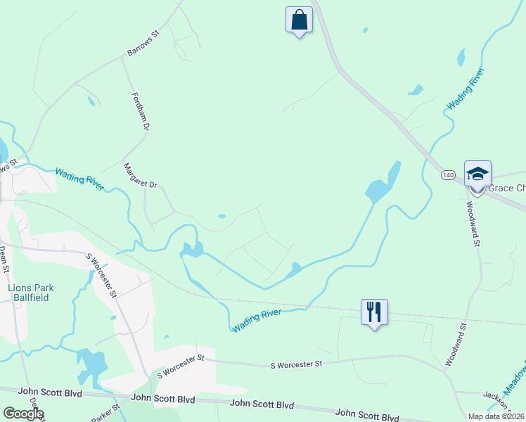 map of restaurants, bars, coffee shops, grocery stores, and more near 35 Margaret Drive in Norton