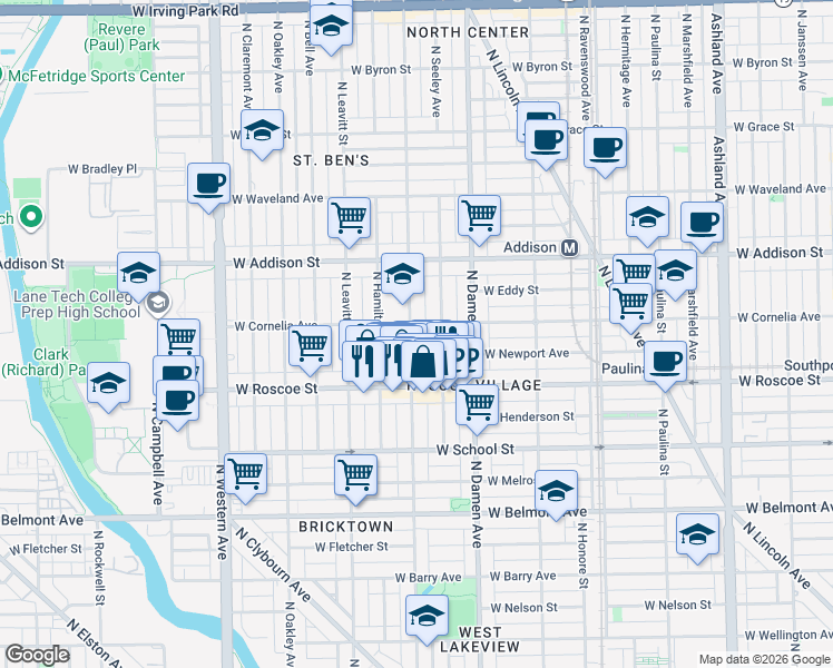 map of restaurants, bars, coffee shops, grocery stores, and more near 3442 North Hoyne Avenue in Chicago