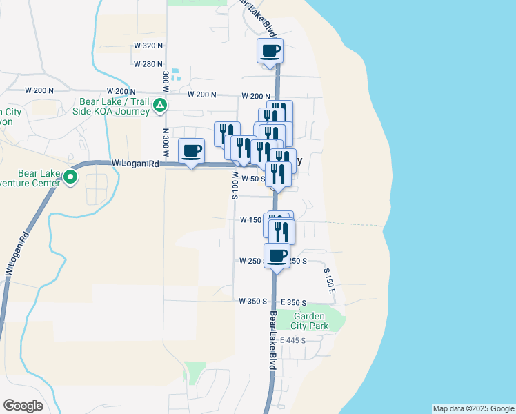 map of restaurants, bars, coffee shops, grocery stores, and more near 35 West 150 South in Garden City