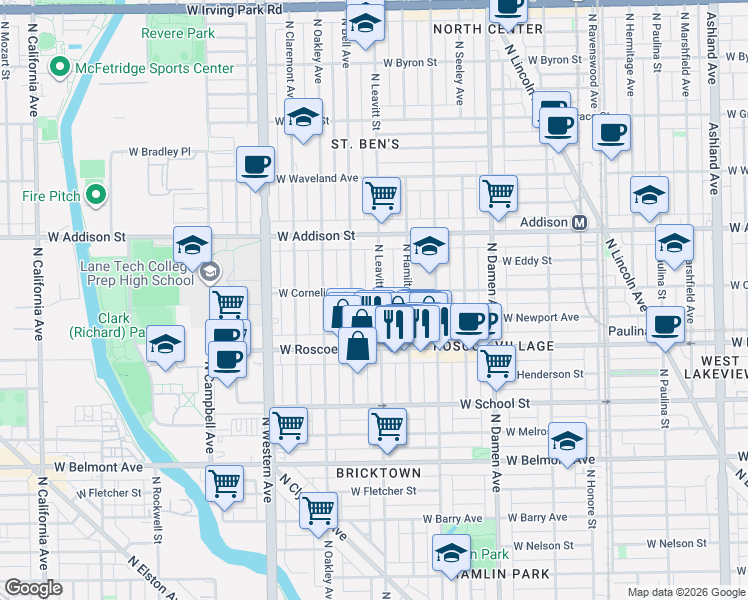 map of restaurants, bars, coffee shops, grocery stores, and more near 3443 North Bell Avenue in Chicago