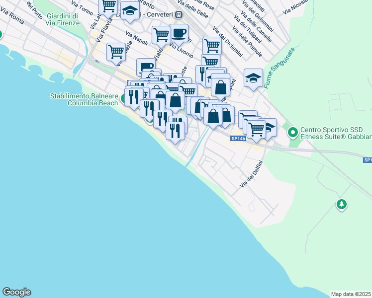 map of restaurants, bars, coffee shops, grocery stores, and more near 34 Via del Lavatore in Ladispoli