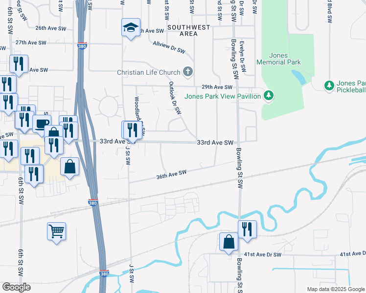 map of restaurants, bars, coffee shops, grocery stores, and more near 63 33rd Avenue Southwest in Cedar Rapids