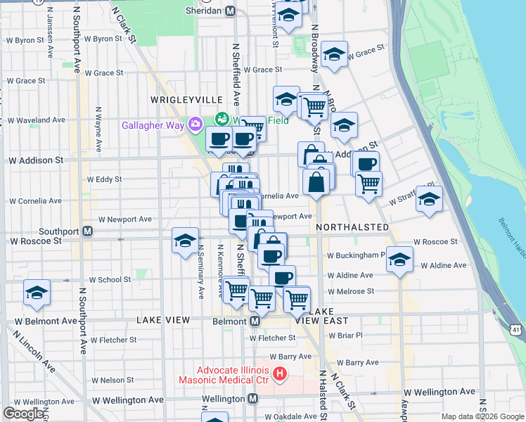 map of restaurants, bars, coffee shops, grocery stores, and more near 914 West Newport Avenue in Chicago