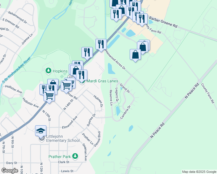 map of restaurants, bars, coffee shops, grocery stores, and more near 1529 Reserve Lane in DeKalb