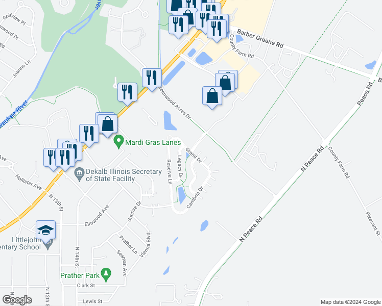 map of restaurants, bars, coffee shops, grocery stores, and more near 1531 Grand Drive in DeKalb