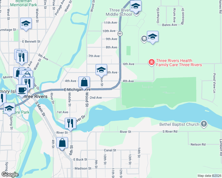 map of restaurants, bars, coffee shops, grocery stores, and more near Michigan 60 in Three Rivers