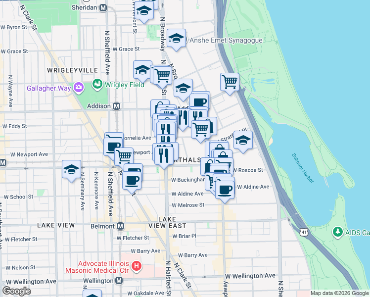 map of restaurants, bars, coffee shops, grocery stores, and more near North Elaine Place in Chicago