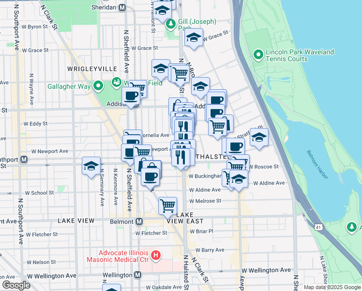 map of restaurants, bars, coffee shops, grocery stores, and more near 3436 North Halsted Street in Chicago