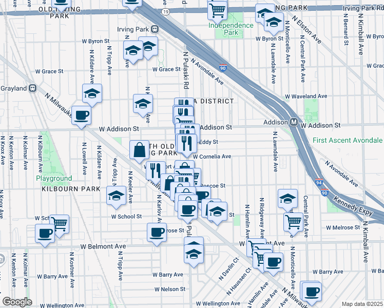 map of restaurants, bars, coffee shops, grocery stores, and more near 3460 North Pulaski Road in Chicago