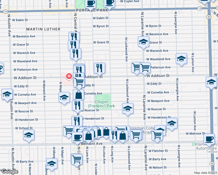 map of restaurants, bars, coffee shops, grocery stores, and more near 3510 North Long Avenue in Chicago