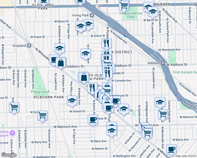 map of restaurants, bars, coffee shops, grocery stores, and more near 4041 West Cornelia Avenue in Chicago