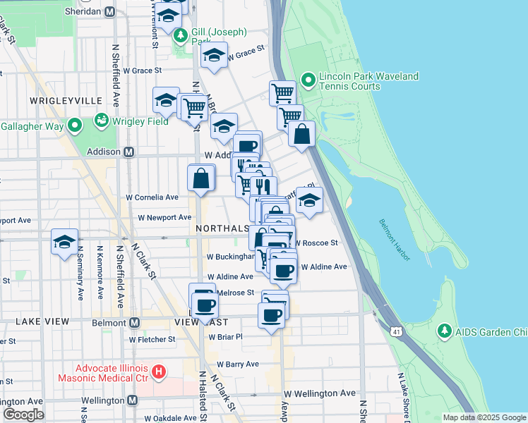 map of restaurants, bars, coffee shops, grocery stores, and more near 629 West Stratford Place in Chicago
