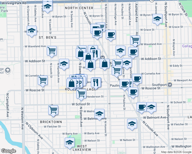 map of restaurants, bars, coffee shops, grocery stores, and more near 1908 West Newport Avenue in Chicago