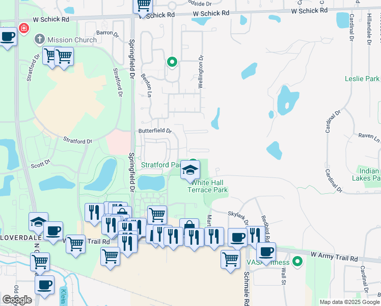 map of restaurants, bars, coffee shops, grocery stores, and more near 208-213 Glengarry Drive in Bloomingdale