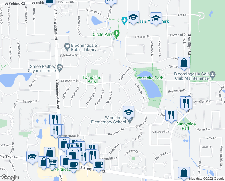 map of restaurants, bars, coffee shops, grocery stores, and more near 255 Sterling Lane in Bloomingdale