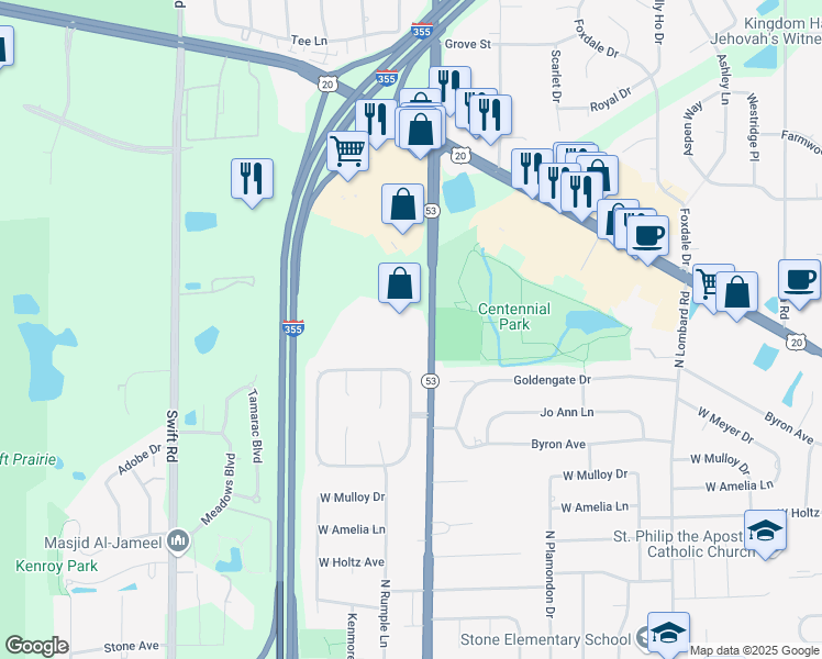 map of restaurants, bars, coffee shops, grocery stores, and more near in Addison