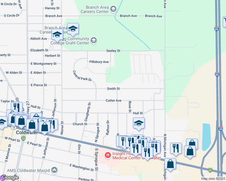 map of restaurants, bars, coffee shops, grocery stores, and more near 170 Smith Street in Coldwater