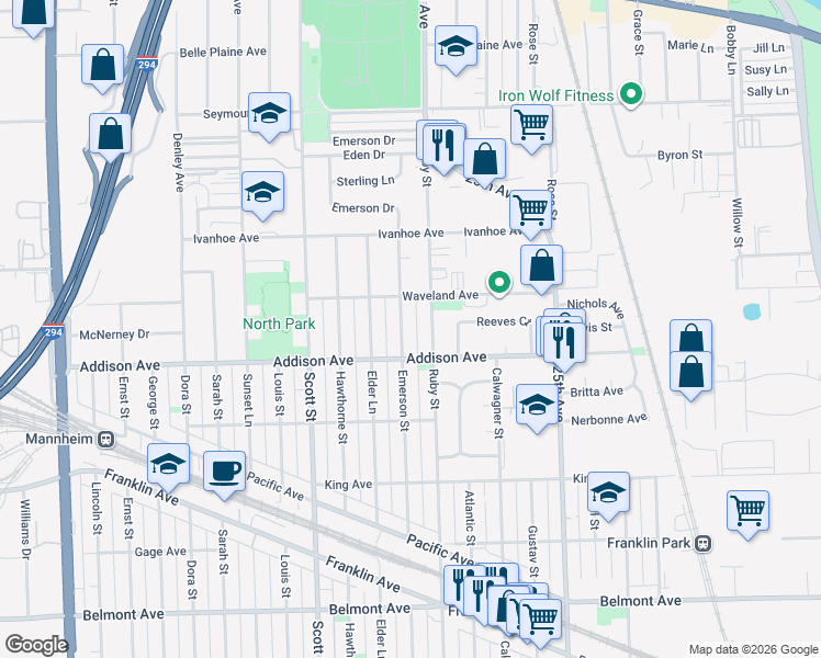 map of restaurants, bars, coffee shops, grocery stores, and more near 3615 Emerson Street in Franklin Park