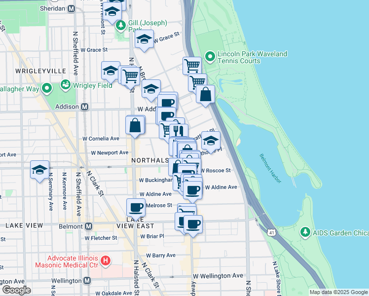 map of restaurants, bars, coffee shops, grocery stores, and more near 619 West Stratford Place in Chicago