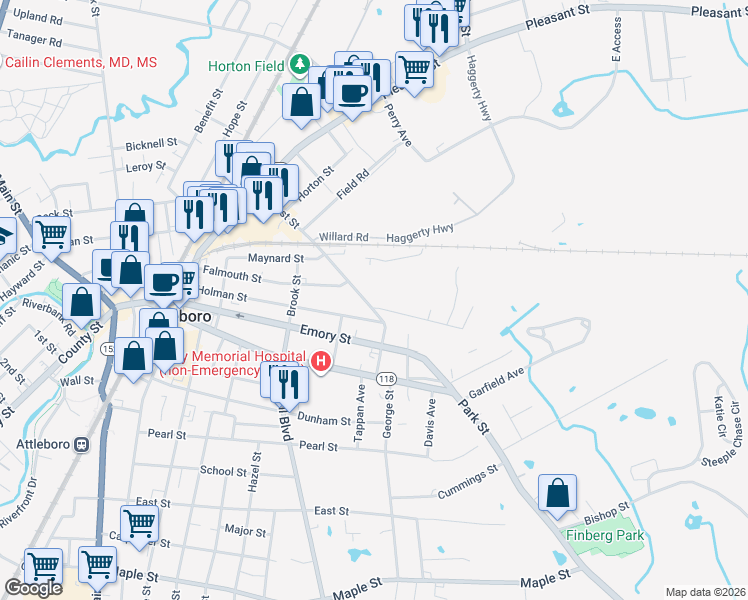 map of restaurants, bars, coffee shops, grocery stores, and more near 8 Eddy Street in Attleboro