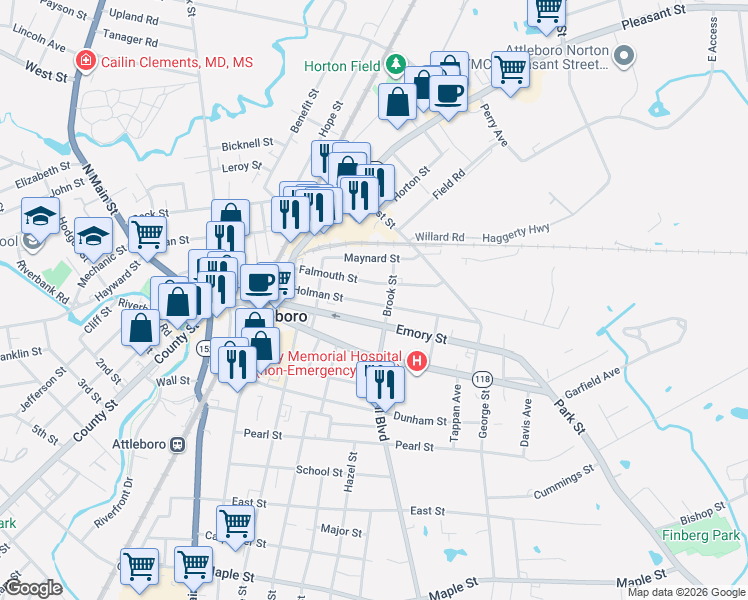 map of restaurants, bars, coffee shops, grocery stores, and more near 43 Holman Street in Attleboro