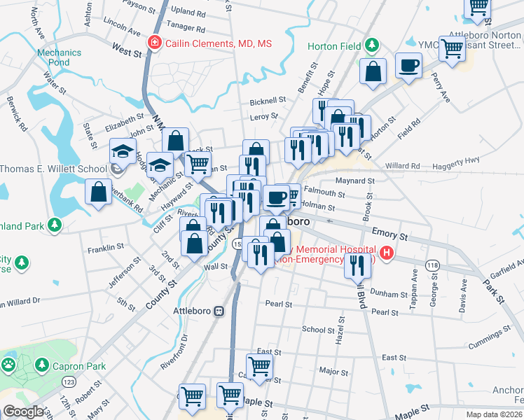 map of restaurants, bars, coffee shops, grocery stores, and more near 26 Railroad Avenue in Attleboro