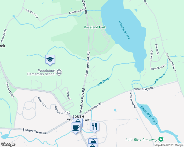 map of restaurants, bars, coffee shops, grocery stores, and more near 10 Cornfield Point in Woodstock