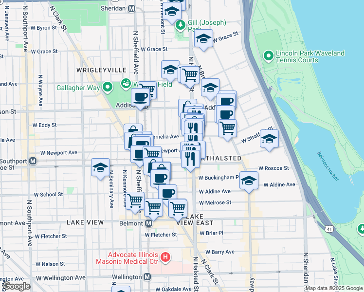 map of restaurants, bars, coffee shops, grocery stores, and more near 839 West Newport Avenue in Chicago